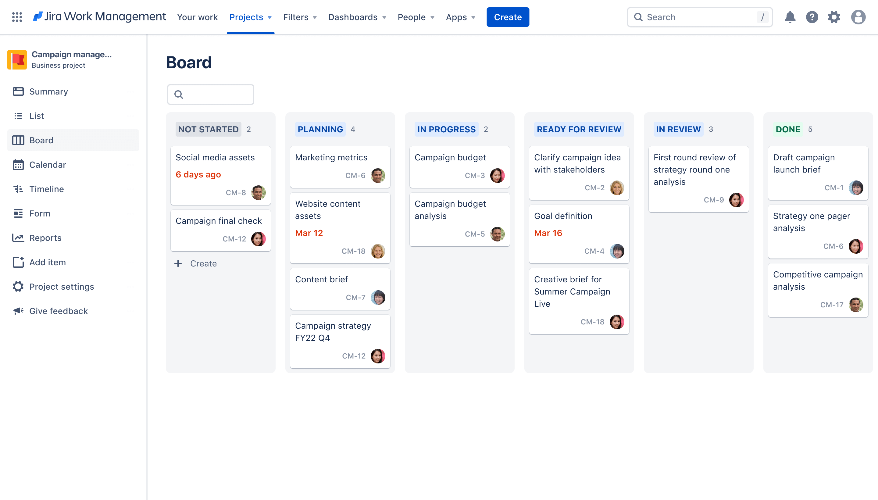 Board-Ansicht zum Kampagnenmanagement in Jira Work Management